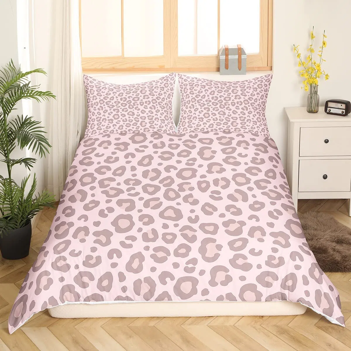 Homemissing Set Copripiumino 200x200cm Rosa Leopardo Pelle Copripiumone Morbido Leopardo Modello Set Africano Leopardo Stampa Copripiumini Super Morbido Decorativo Pelliccia Modello Animale Caccia