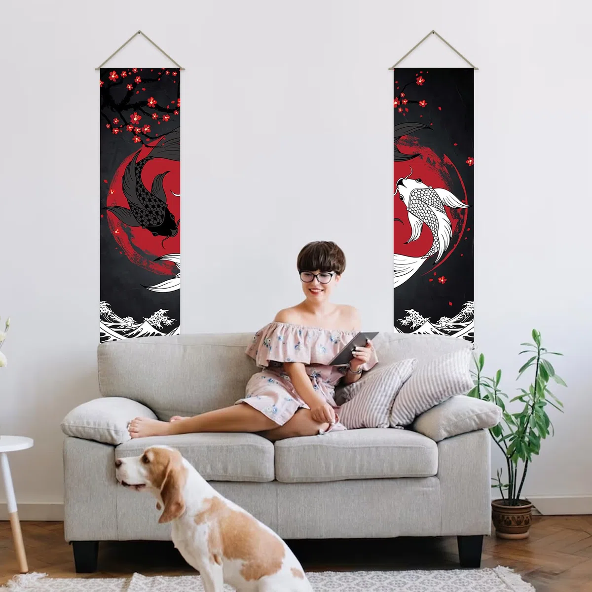 AHANDMAKER Confezione da 2 arazzi retrò Yin Yang Boemi verticali con nappa da appendere a parete, camera da letto, soggiorno, casa, 33 x 130 cm
