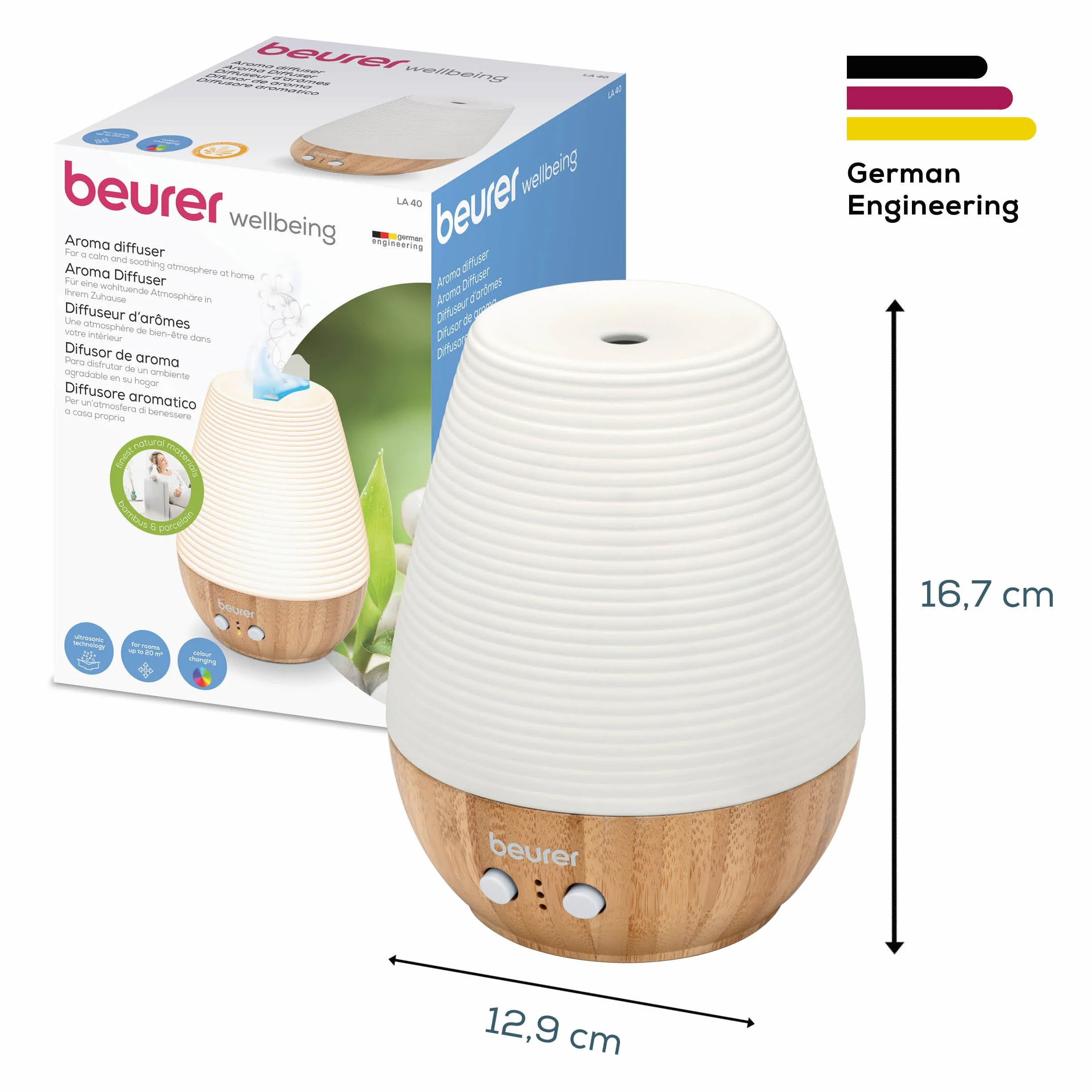 Beurer LA 40 Diffusore Aromatico Ultrasuoni con LED Colorato 7 Colori, Bambù Porcellana, Timer 1-3-7h, 180ml, Silenzioso 12W, Aromi Idrosolubili, Ambienti fino 20m², con Spegnimento Automatico