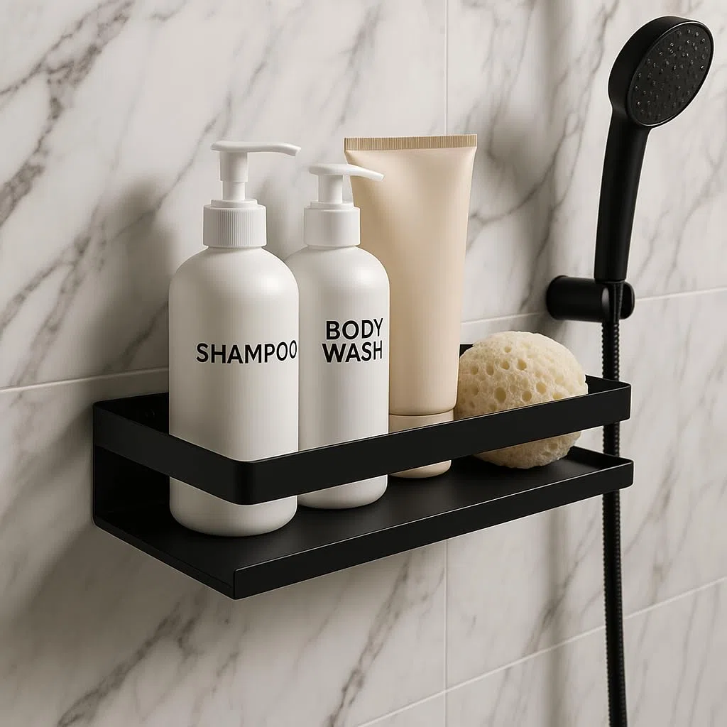 Cesto Doccia - Mensola Bagno - Organizer Bagno - Mensola Doccia - Mensola Shampoo -Senza Foratura (Nero, 30 CM)