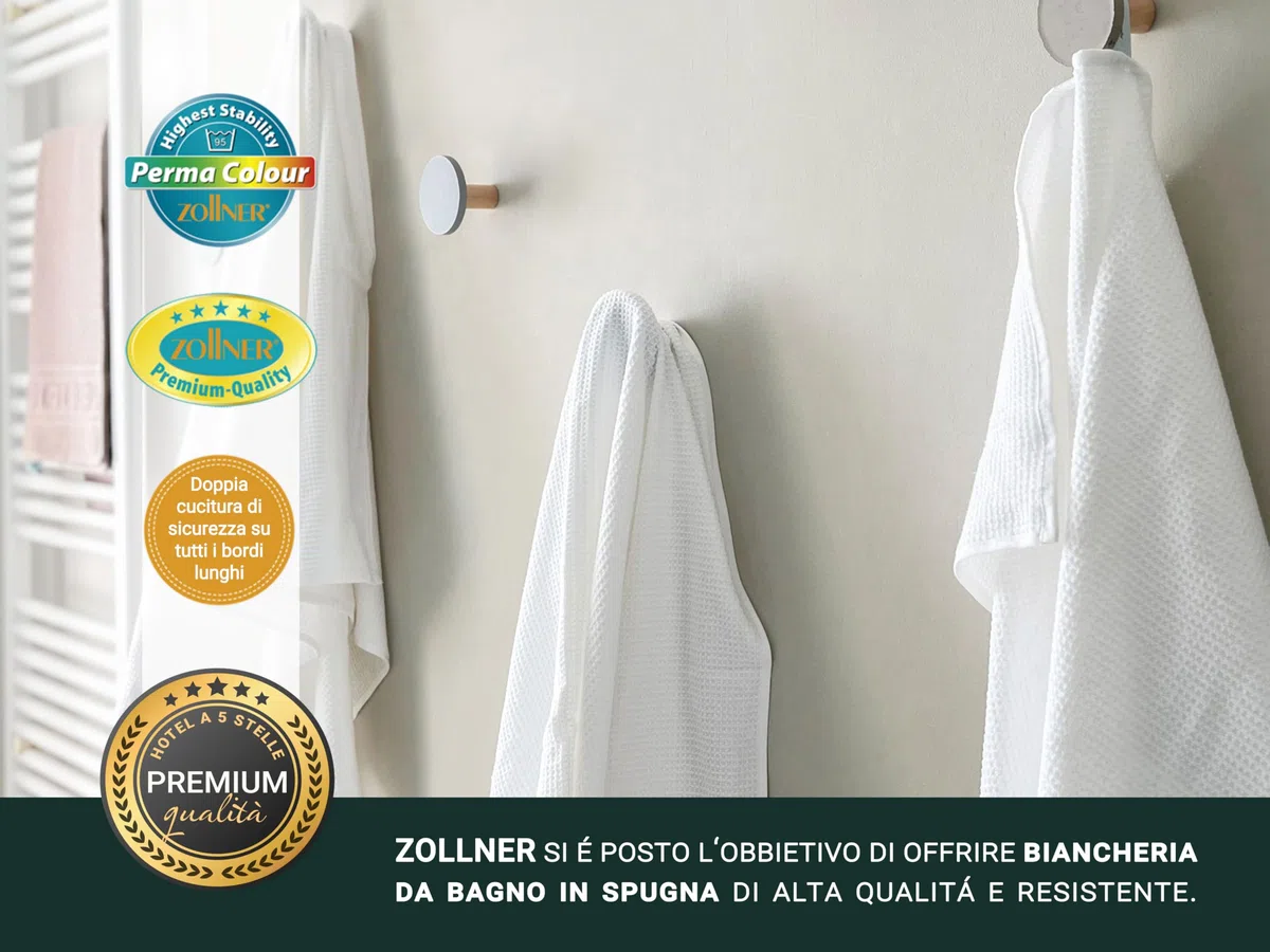 ZOLLNER 3 Teli doccia 70x140 cm - Cotone - Qualità alberghiera - Teli doccia lunga durata - design in piquè - lavabile a 95°C - con pratico gancetto - bianco