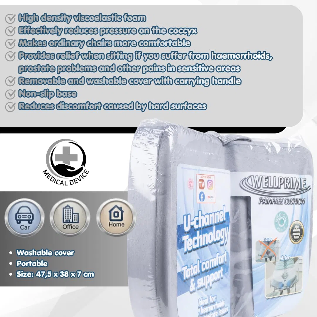Wellprime Painfree Cushion, Cuscino ortopedico con diversi gradi di durezza, riduce la pressione sul coccige, problemi alla prostata, favorisce la circolazione sanguigna e alleggerisce il coccige