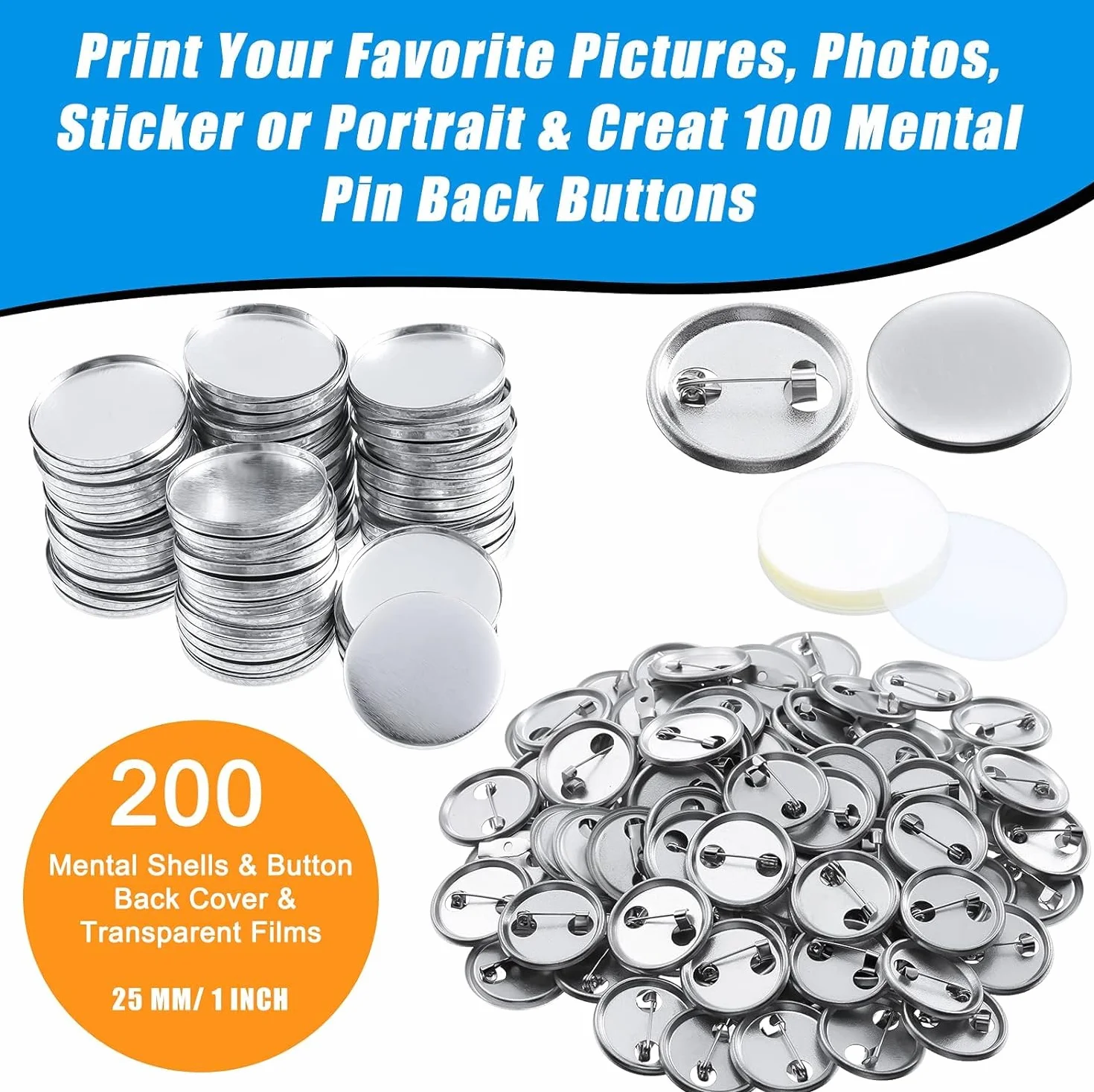 Kit di Bottoni Badge Spille Personalizzate in Metallo Plastica, 200pz Spilla Distintivo Spilla Vuoto Bottoni Basi di Acrilico Spilla per Forniture Artigianali(25 mm)