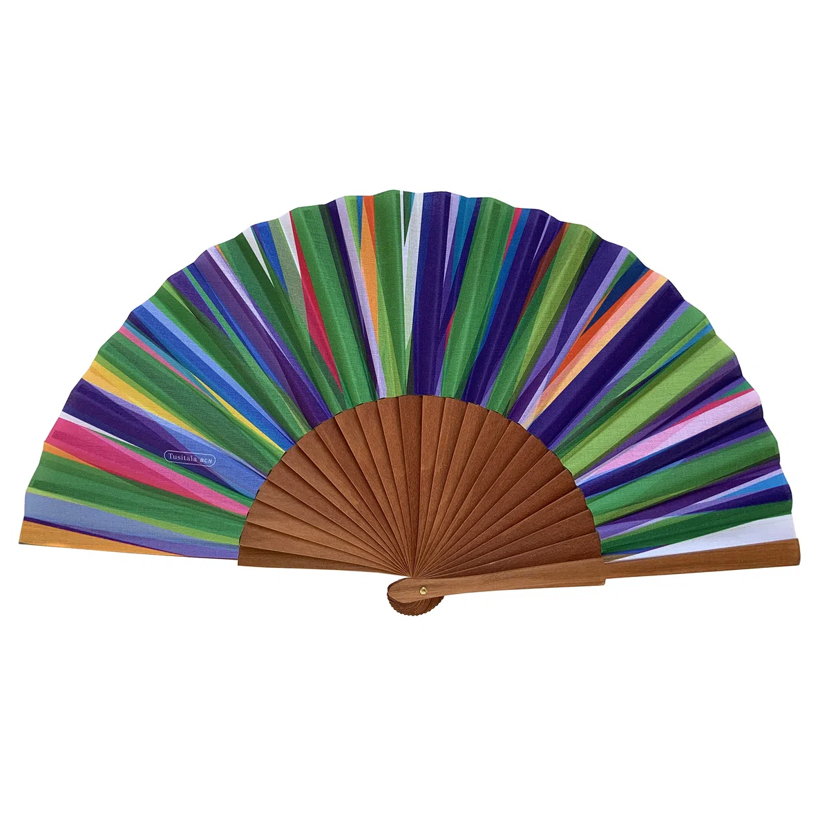 Ventaglio spagnolo Mil Rayas - Legno e cotone - 23 cm - Custodia in yute natural - Accessorio moda - Fatto a mano in Spagna - Eventi e regali - Collezione Geometrie - Tusitala Barcelona