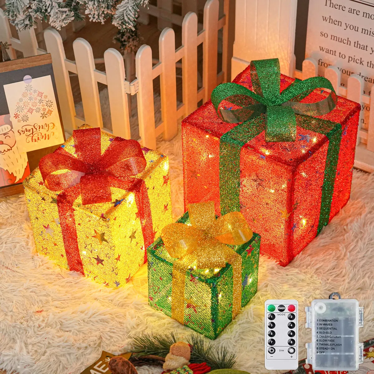 Arespark Set di 3 Luci Scatola Regalo Natalizie, 50 LED Decorazione con 8 Modalità Luminose, IP44 Illuminate per Albero di Natale, Finestre