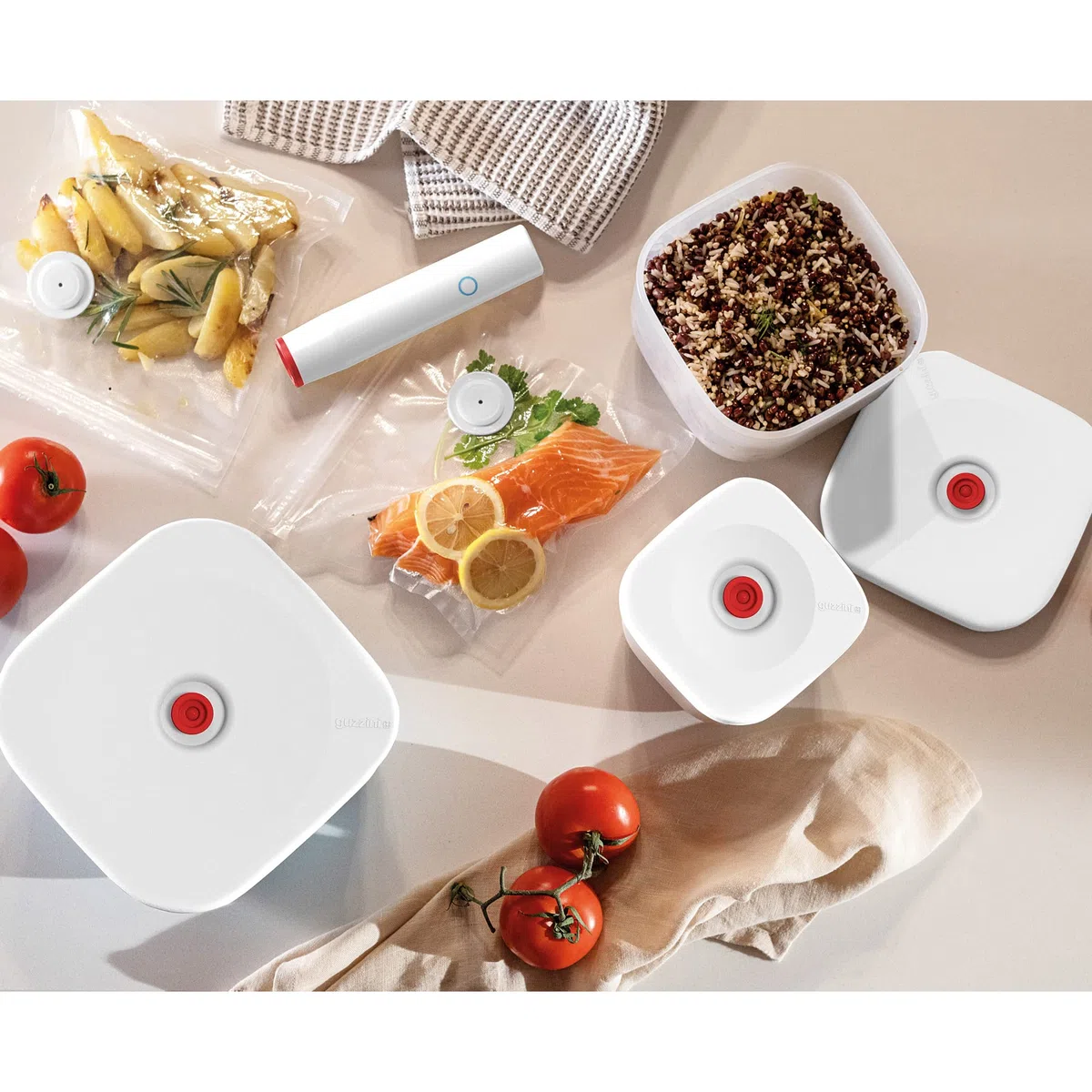 Guzzini - SAVE IT Set Sottovuoto: Contenitori 450/975cc, Pompa, Sacchetti 2 Piccoli/2 Grandi, Confezione Regalo - Bianco, 20 x 20 x h10 cm - 11850911