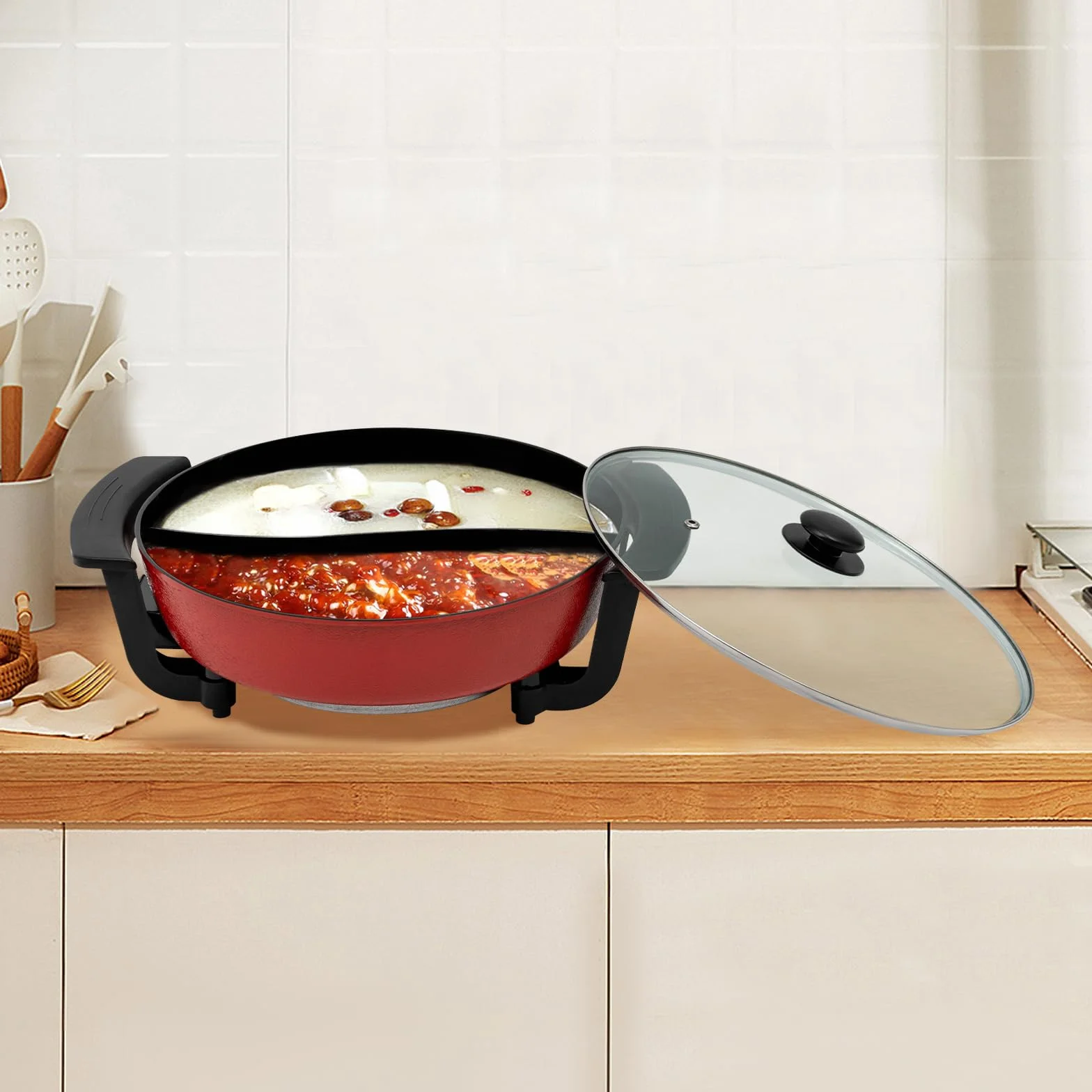 Hotpot 6L con Divisorio Temperatura Regolabile in 5 Fasi Pentola Elettrica 1360W Multifunzione Hot Pot per Riunioni Famiglia, Ristoranti, Appartamenti, Dormitori, per 3-4 Persone