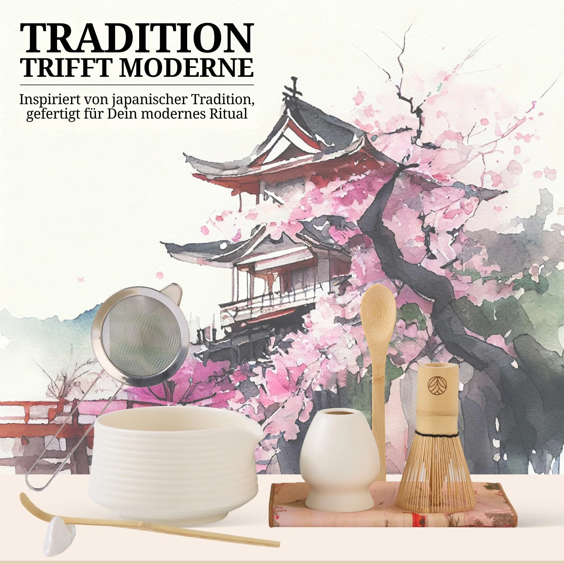 Matcha Set – Bianco – Set da tè Matcha – Scopa, ciotola, cucchiaio, scoop, colino, supporto e accessori – Kit Matcha Premium per gli amanti del matcha