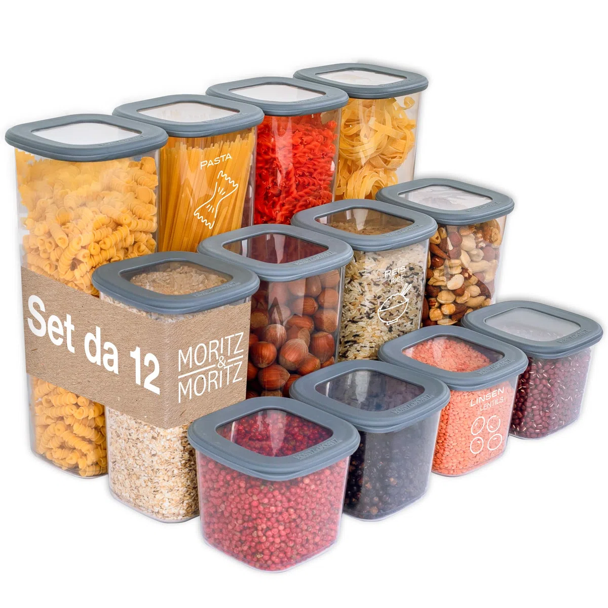Moritz & Moritz Set di 12 barattoli con coperchio ermetici - Alimentare per la conservazione degli alimenti - Contenitori ermetici e impilabili - Set di barattoli per la conservazione in cucina
