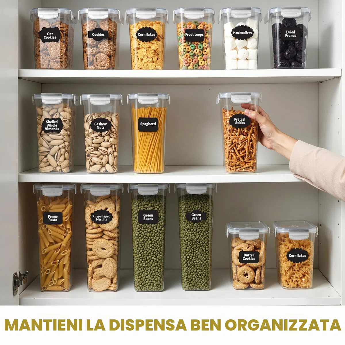 KICHLY, contenitori ermetici per alimenti con coperchi (confezione da 24) - Organizzatori e contenitori per dispensa - Contenitori per dispensa o cucina senza BPA - Ideali per cereali, farina