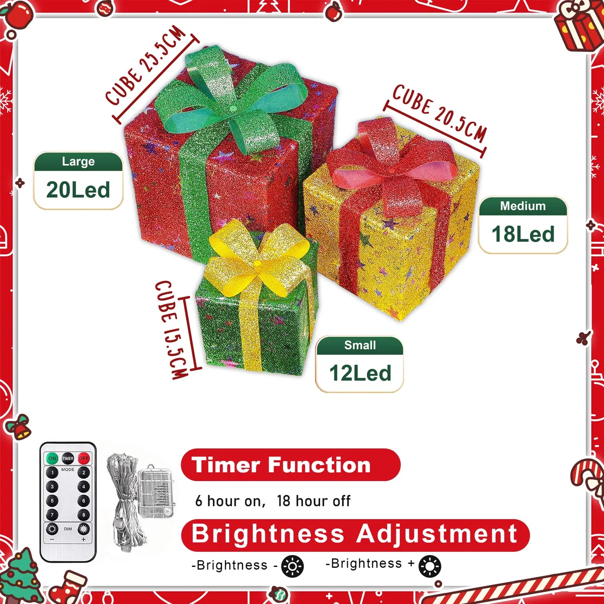 Arespark Set di 3 Luci Scatola Regalo Natalizie, 50 LED Decorazione con 8 Modalità Luminose, IP44 Illuminate per Albero di Natale, Finestre