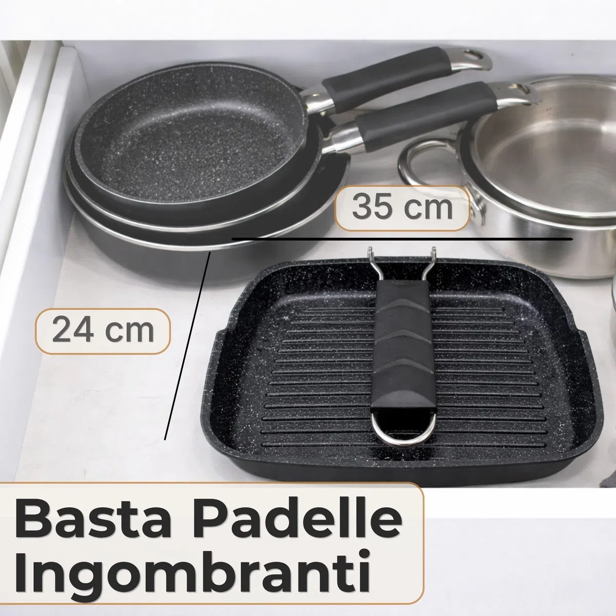 NAMAI - Bistecchiera Per Induzione 35 CM x 24 CM, Rivestimento Antiaderente, Alluminio Pressofuso, Adatta In Lavastoviglie, Manico Pieghevole Salvaspazio (35 x 24 CM)