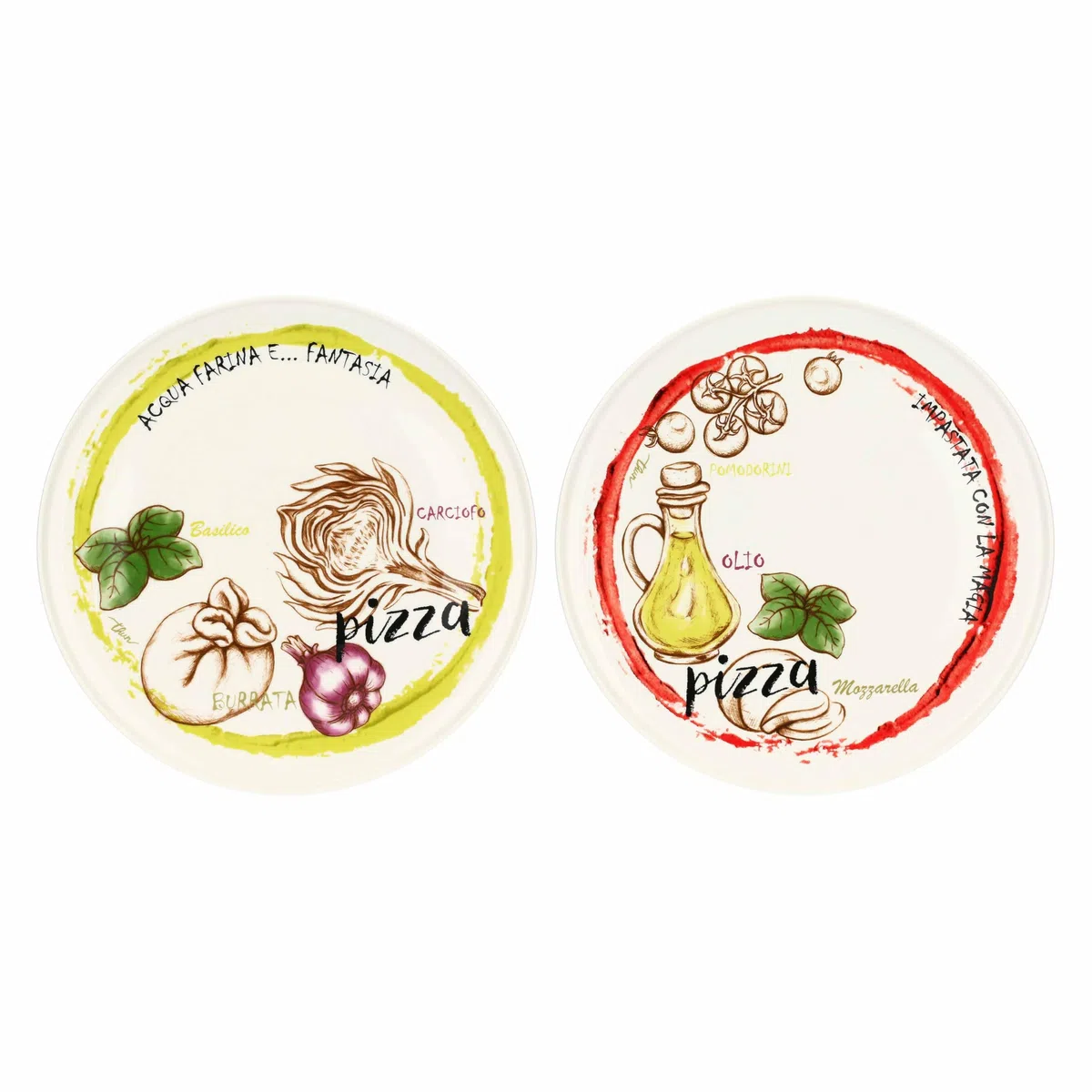 THUN - Set 2 piatti pizza Acqua e Farina, rosso e giallo - Porcellana,ø 33 cm