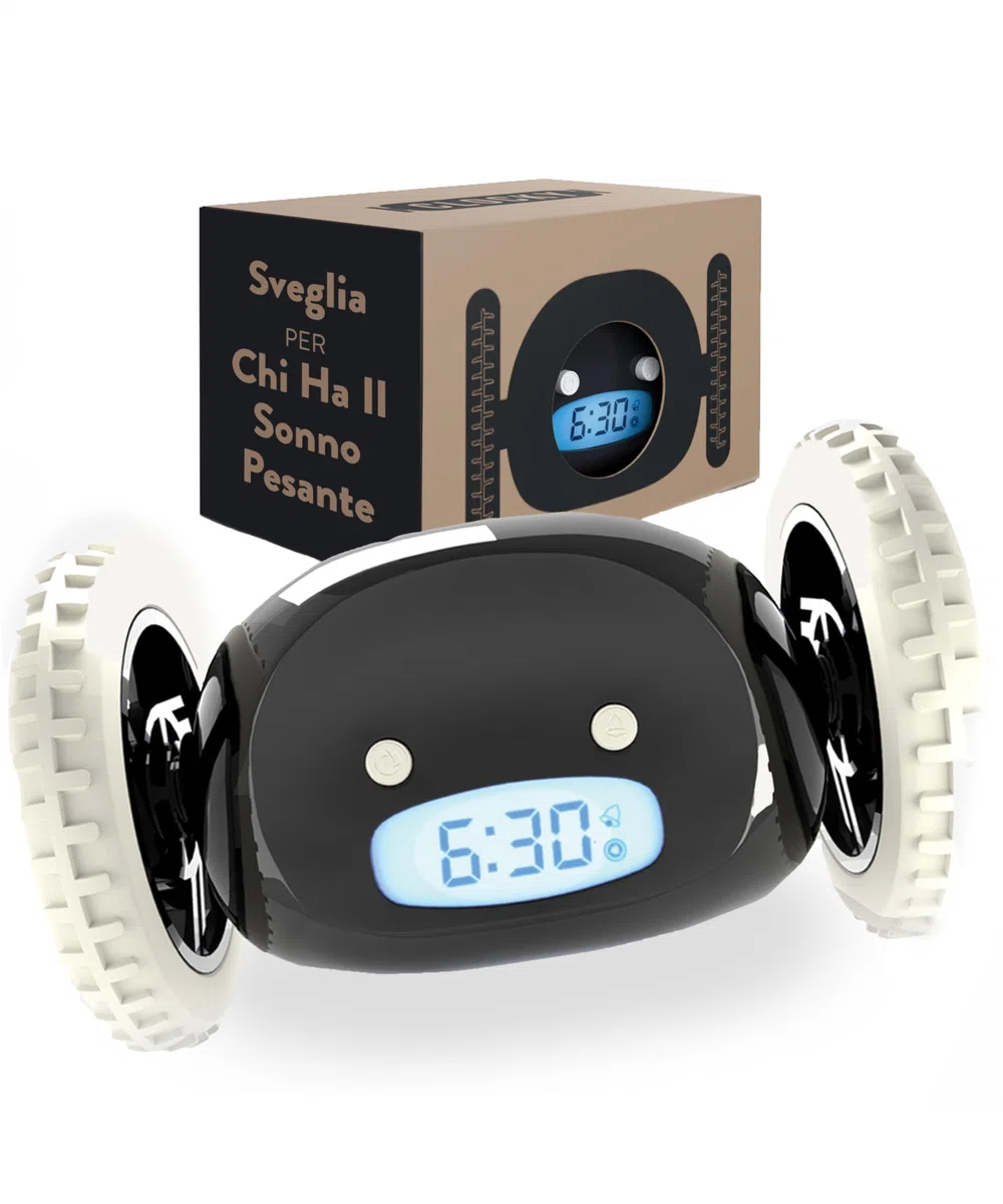 CLOCKY Sveglia Rumorosa per chi ha il Sonno Pesante Dormiglioni Pesante Sordi Ruote Sveglia Digitale da Comodino per Dormienti Rumorissima Adulti Bambini che Scappa Cammina Regali Divertenti (Nero)