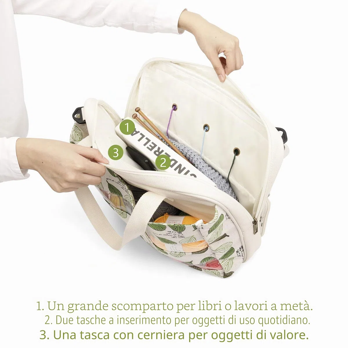 LAVIEVERT Borsa tote per lavori a maglia, borsa per riporre i filati, per il trasporto di progetti, ferri da maglia, uncinetti e altri accessori, Beige, Large