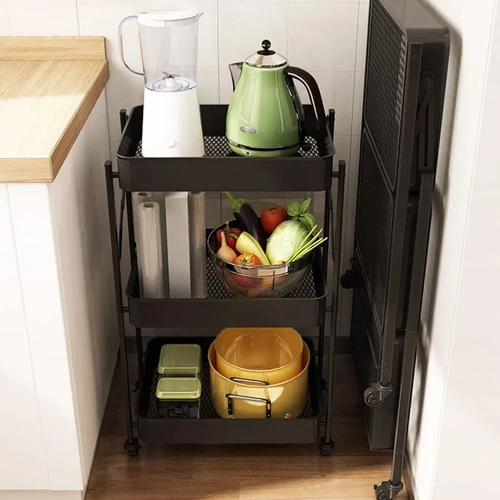 BAKAJI Carrello Cucina Pieghevole con 3 Ripiani Cestelli 4 Ruote girevoli a 360 Gradi con Freno Integrato in Metallo Trolley Salvaspazio da Servizio Dimensioni 29 x 40 x 76 cm (Nero)