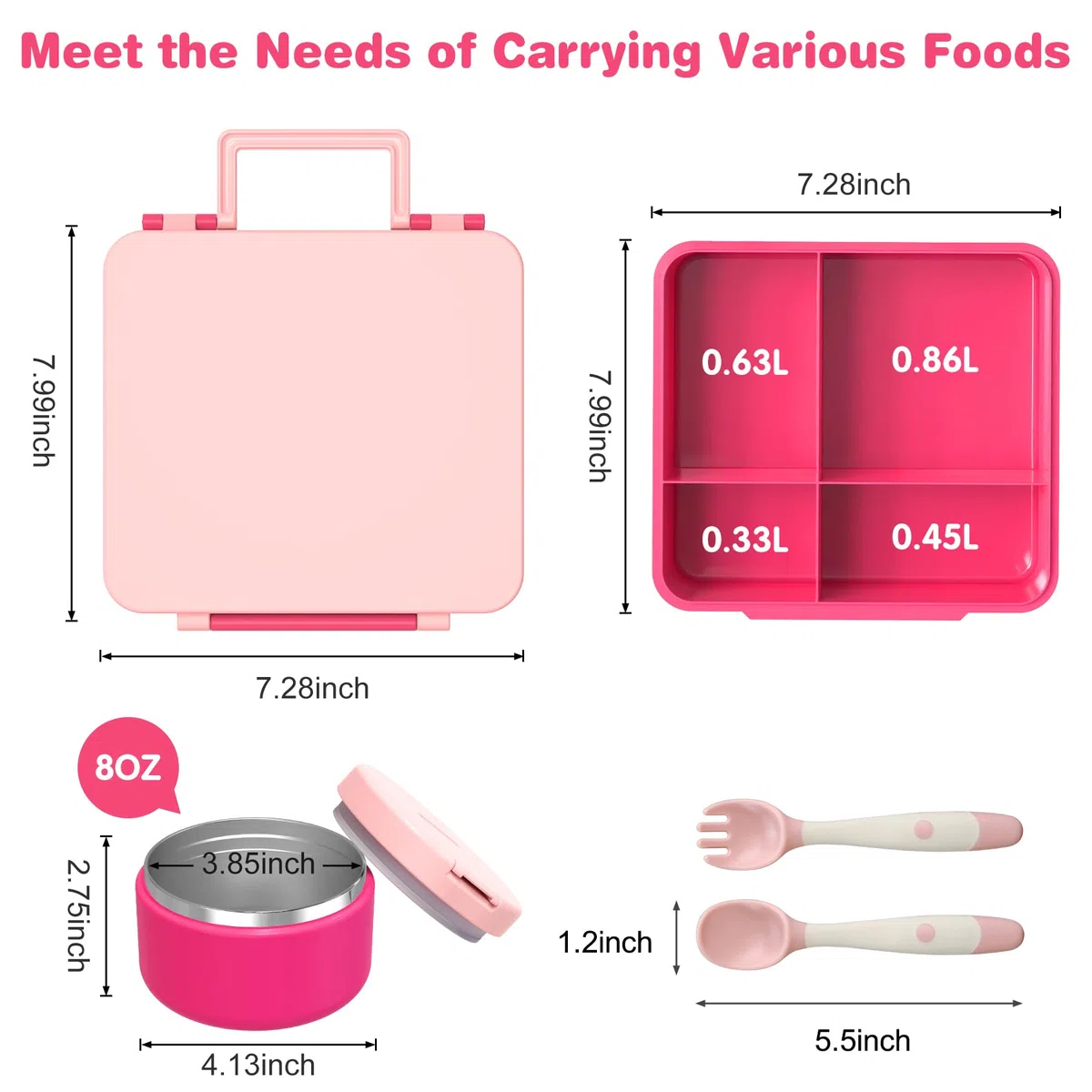 Itslife Set pranzo per bambini con contenitore termico da 300 ml, a prova di perdite, contenitore per il pranzo per bambini con 4 scomparti, borsa termica senza BPA, per bambini, scuola, gite (rosa)