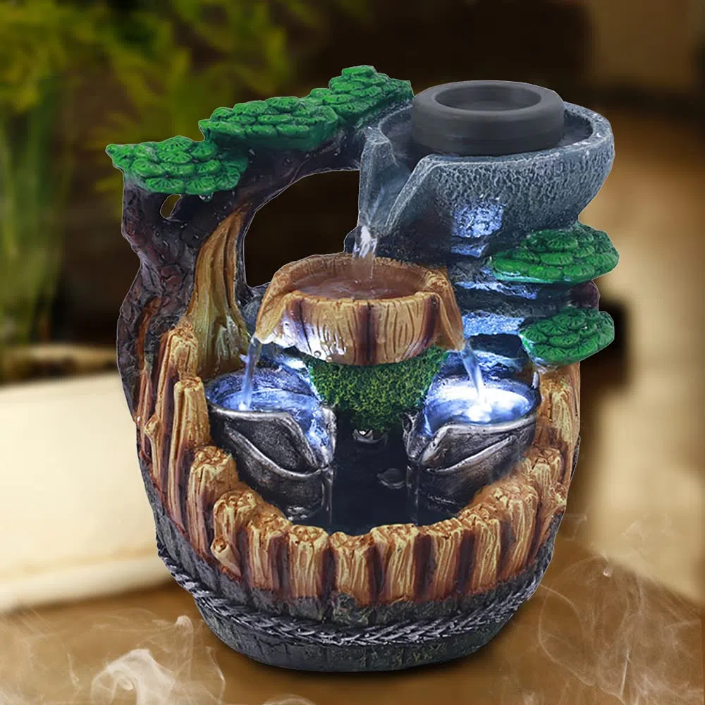 Fontana da scrivania con fontana da tavolo a LED, lampada da tavolo, fontana d'acqua, fontana a cascata, gioco d'acqua effetto pietra, ornamento Feng Shui Zen Fontana