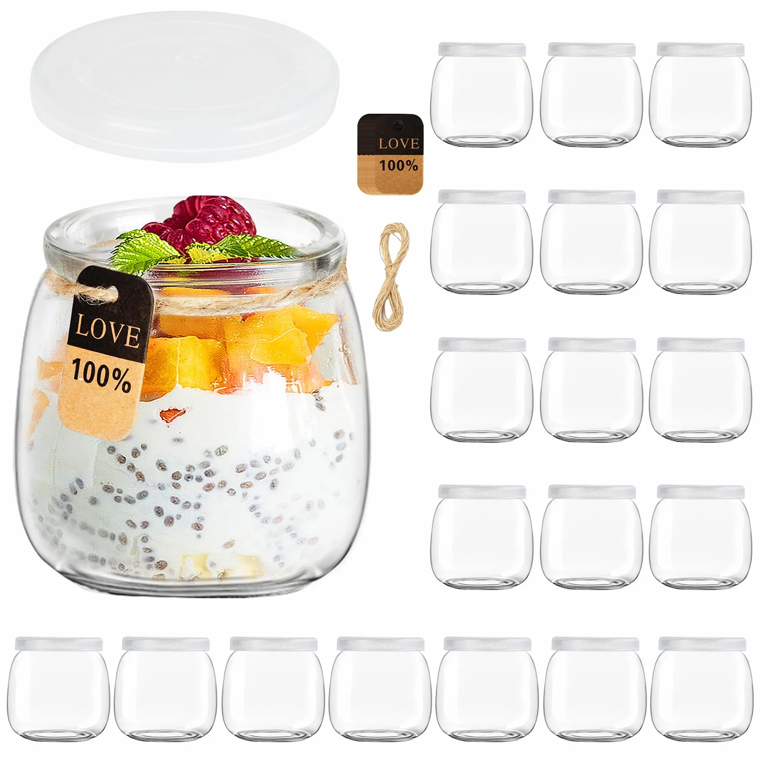 20 Vasetti per yogurt con coperchio,200 ml,Vasetti da Yogurt in Vetro,bicchieri da dessert,barattoli per yogurt, ideali per panna cotta, tiramisù, budino, yogurt, piccoli bicchieri per dessert
