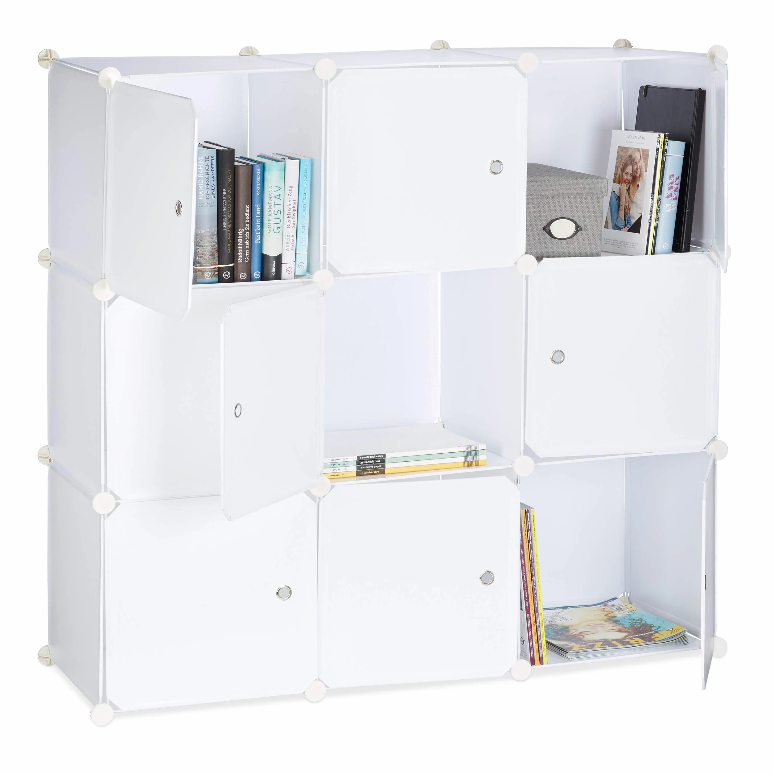 Relaxdays 10021955_49 Armadietto con Ante, Divisorio Casa in plastica, 9 Scomparti, 95 x 95 x 32 cm, Bianco