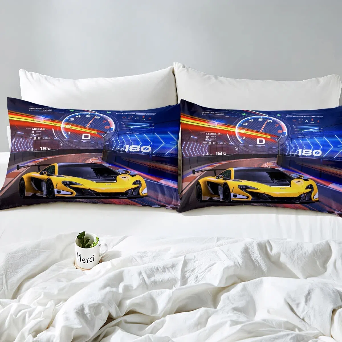 Homemissing Set di Biancheria da Letto con Auto Sportiva Blu e Gialla, Misura Letto Singolo, Auto da Corsa ad Alta Velocità, con 1 Federa con Cerniera