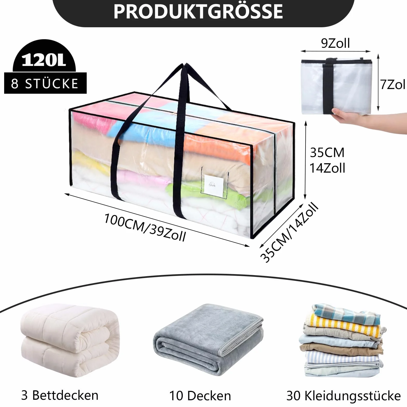 Dntorx 8 sacchetti da 120 l, resistenti e trasparenti, per trasloco di Natale, grandi dimensioni, con manico con cerniera, pieghevole, per trasloco, biancheria da letto, vestiti, 8 pezzi