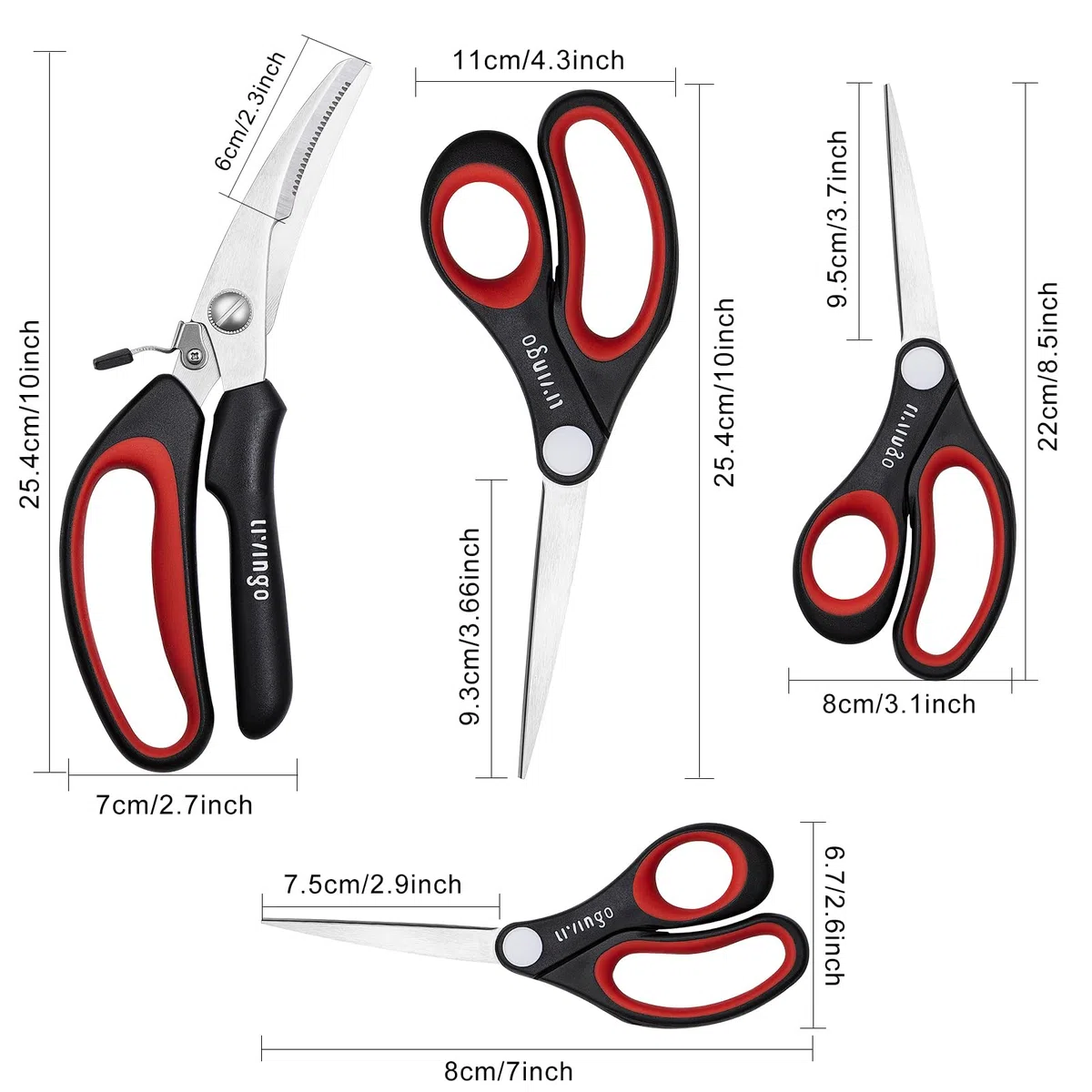 LIVINGO Set di forbici multiuso – Confezione da 4 forbici affilate e robuste per cucina, cucito e tessuto, pollame, carta, artigianato, ufficio, casa, scuola