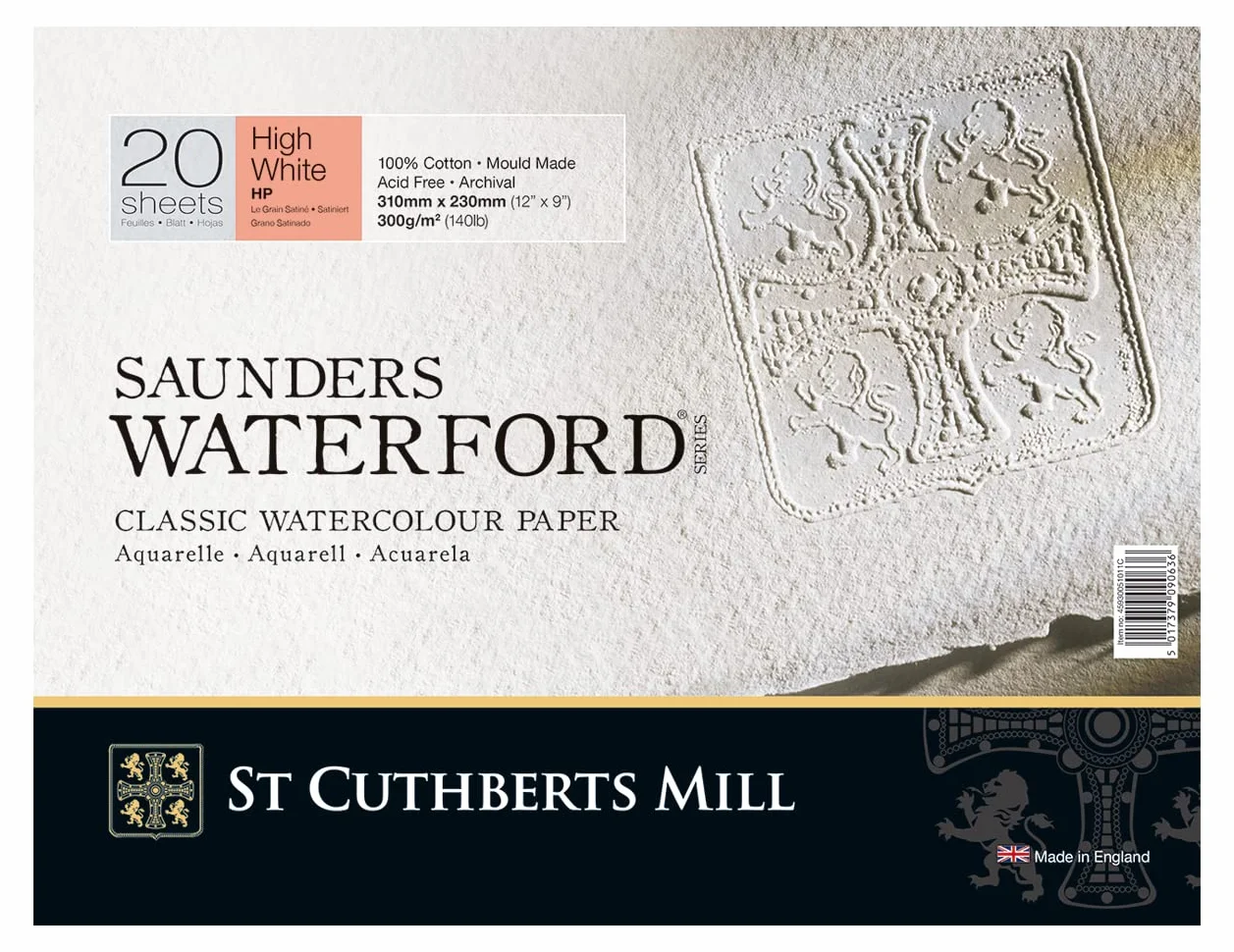 SAUNDERS WATERFORD SERIES blocco carta per acquerello,collato 4 lati 31x23cm,20 fogli, extra bianco, grana satinata, 300gm