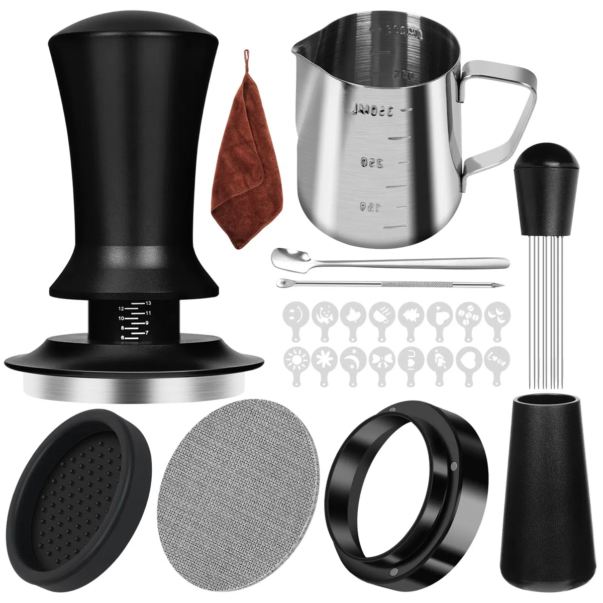 Y-Step Set di Tamper per Caffè 51mm, Set di 25 Accessori da Barista con Dosierring 51mm, Puck Screen 51mm, Panno da Barista, Strumento WDT, Mestolo da Caffè, Tappetino per Tamper, Set per Latte Art