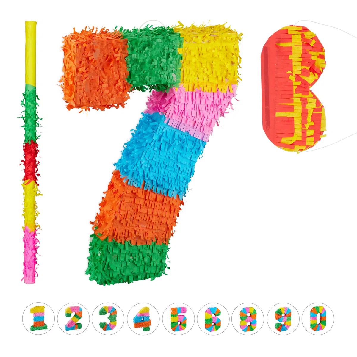 Relaxdays Set da Accessori 3 con Pignatta Numero 7, Benda e Bastone, Feste di Compleanno, Adulti e Bambini, da Riempire, Colorato