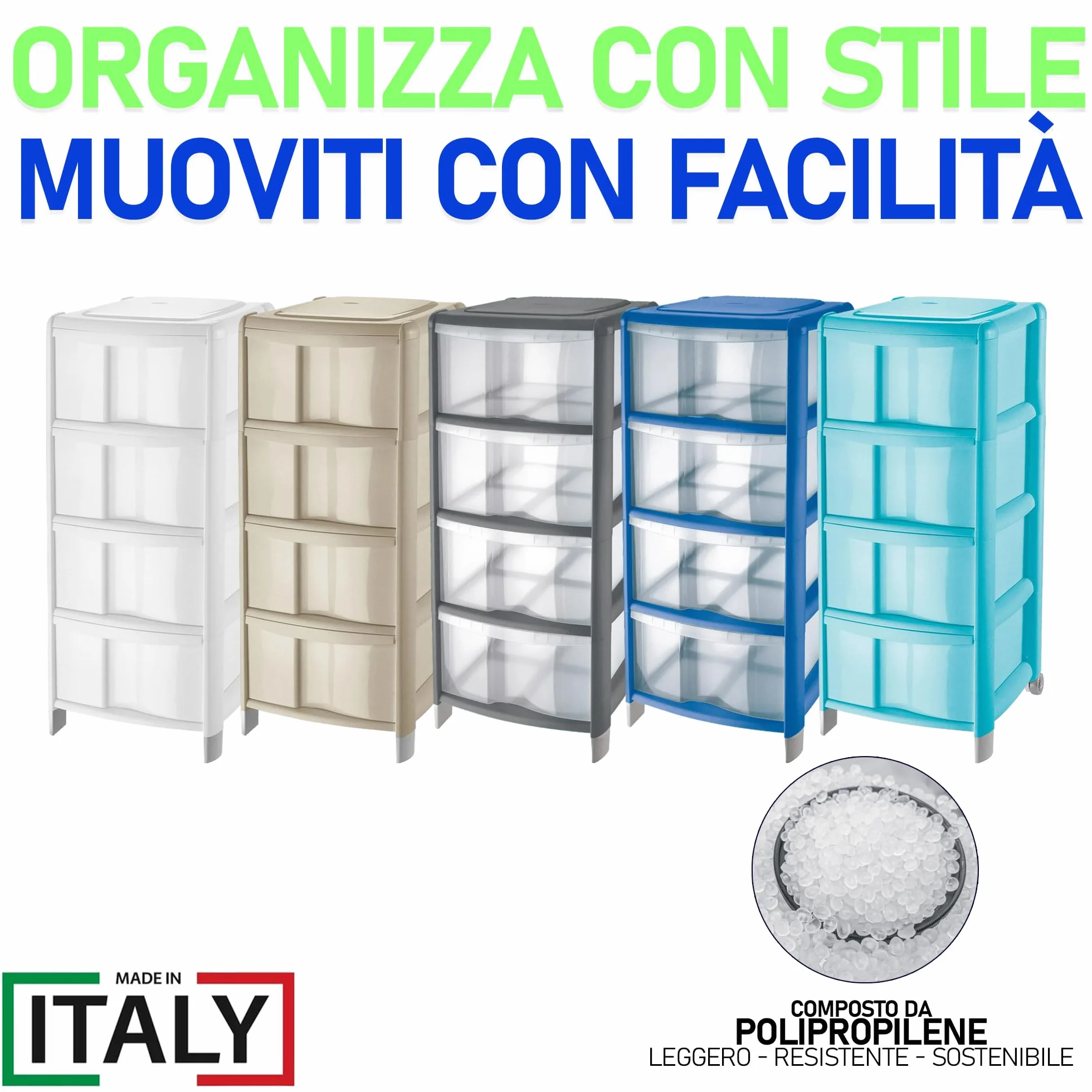 Cassettiera 4 cassetti trasparenti in plastica e bordi grigi