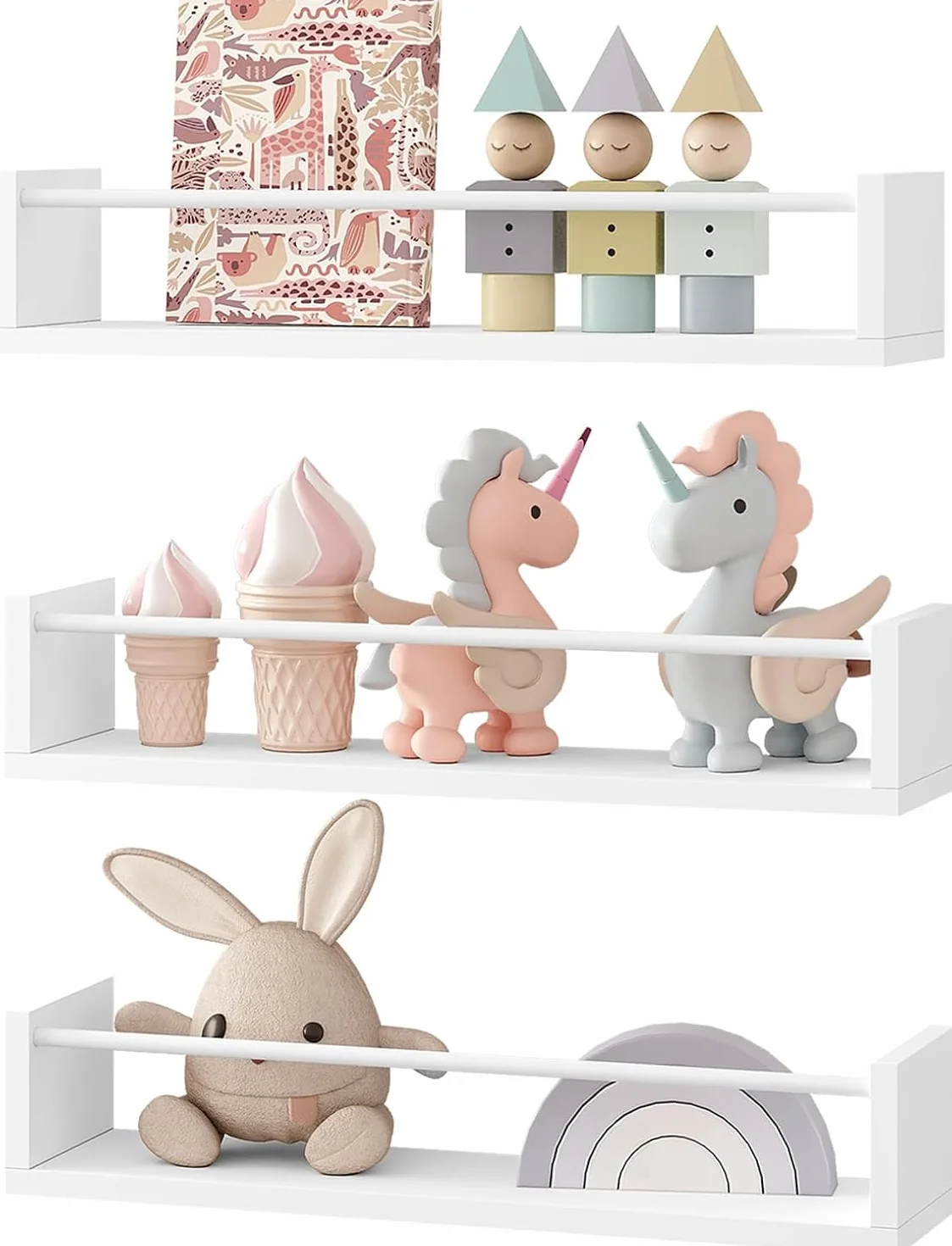 WOLTU Libreria da Parete per Bambini, 3 Mensole per Cameretta, Porta Libri e Giocattoli, Libreria Sospesa in Pino e MDF, Bianco, RG9508ws