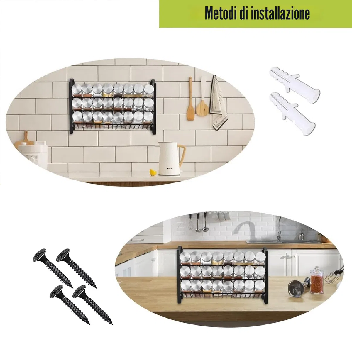 edihome, Porta Spezie per Cucina, 24 Barattoli di Spezie, Organizer con Struttura in Metallo a 3 Livelli, con Etichette, con Coperchi e Dispenser Individuali (Modello 2)