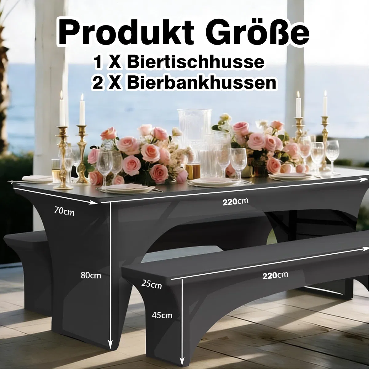 Set di 3 coperture elastiche per tavolo da birra, per panchina da birra, coprisedia elasticizzati, grigio per 70 cm di larghezza (220 x 70 x 80 cm)
