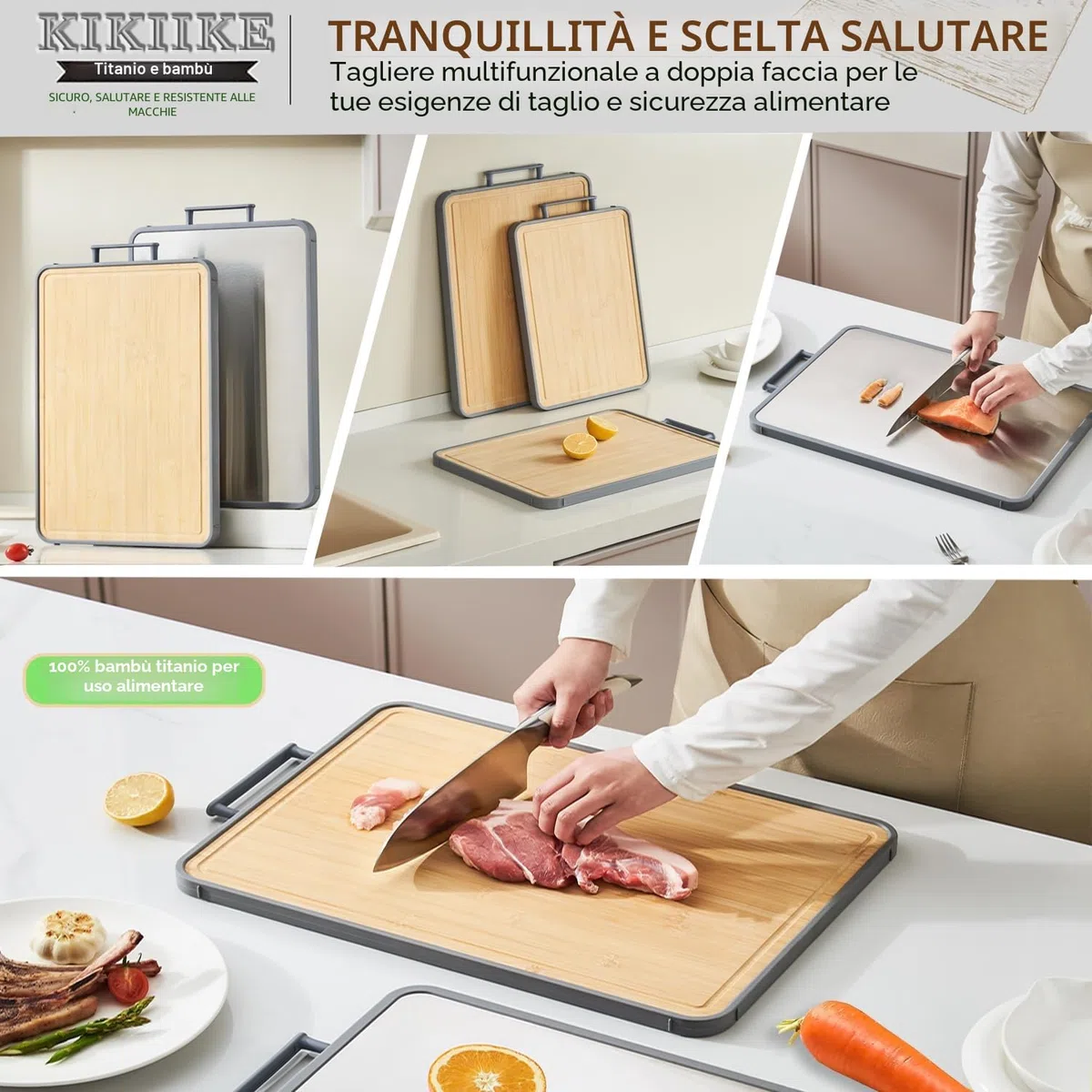Tagliere in Titanio Tagliere Bifacciale in Bambù per Cucina Tagliere Bifacciale di Grado Alimentare, Taglieri in Titanio Puro e Bambù, Antiaderenti, Durevoli e Facili da Pulire