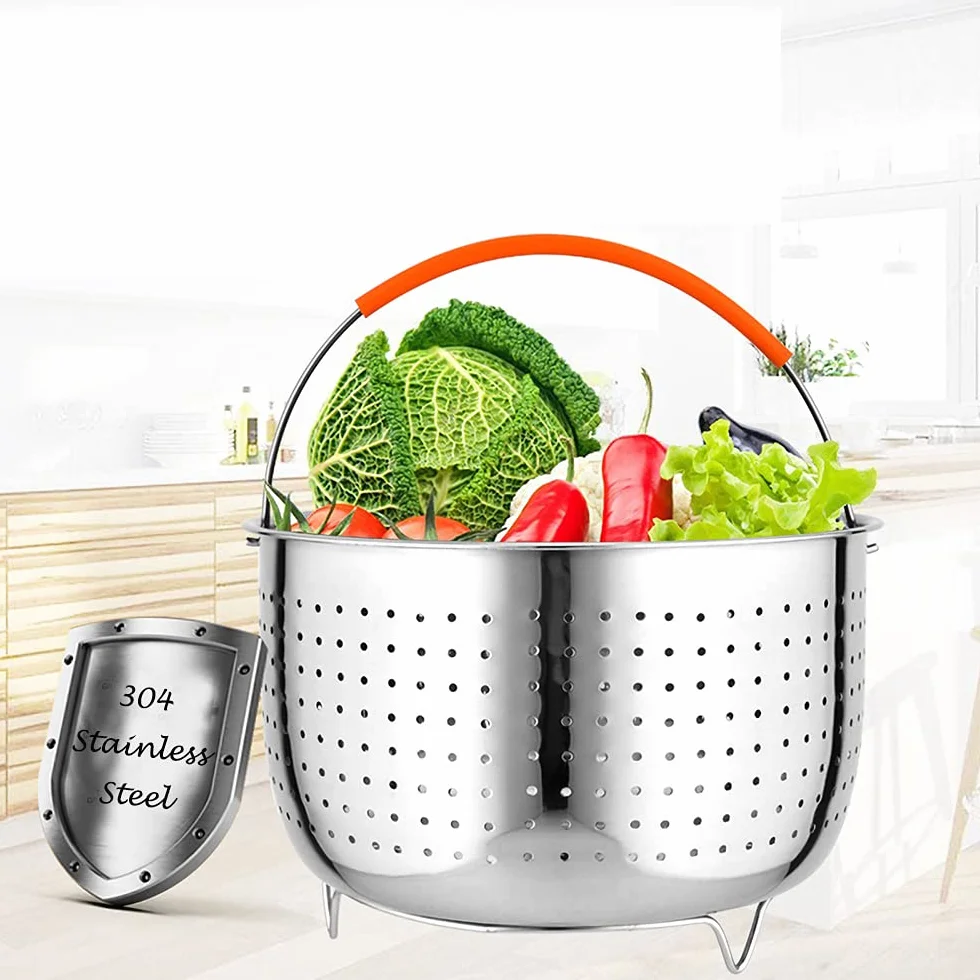 Cestello per Cottura, Cestello Verdura, Multifunzione a Vapore Cesto, Cestello Vapore Inox con Manico in Silicone, Fits Most a Pressione Pot, Verdure a Vapore, Uova(6QT)