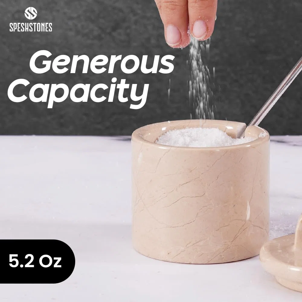 SPESHSTONES Portasale in Marmo Beige da 10,2 cm Barattolo per Sale con Coperchio, Contenitori per Sale da Tavola per Piano di Lavoro, Piatto per Sale, Portasale, Barattoli per Spezie, Zuccheriera, Set