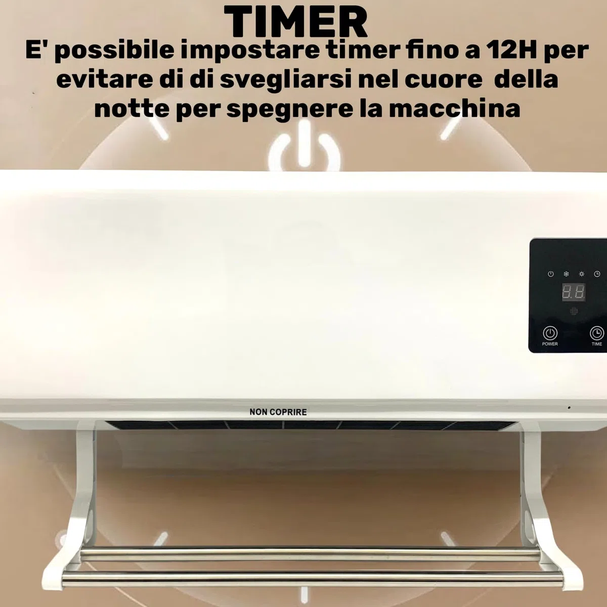 Stufa Elettrica a Parete Termoventilatore 2000W Aria Calda Fresca con Telecomando Timer 12H Display LCD Digitale Caldobagno Elettrico a Basso Consumo con Supporto Asciugamani/stendino integrato