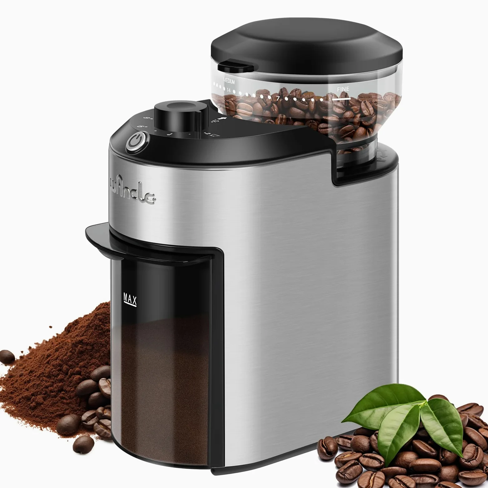 Macinacaffè a macine Wancle 200W con 28 impostazioni di macinatura, protezione dal surriscaldamento, capacità da 2 a 12 tazze, design compatto per una facile conservazione, Acciaio Inossidabile, 220V