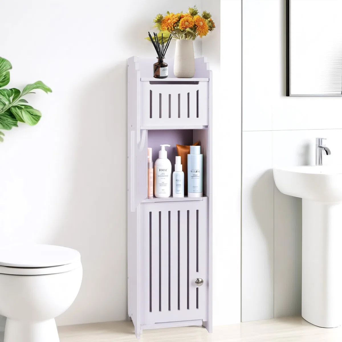 powerking Supporto per carta igienica, Sopra l'armadio di stoccaggio WC per bagno, Mensola angolare sottile per piccolo spazio di stoccaggio, Armadio di stoccaggio bagno piccolo con porte, Bianco