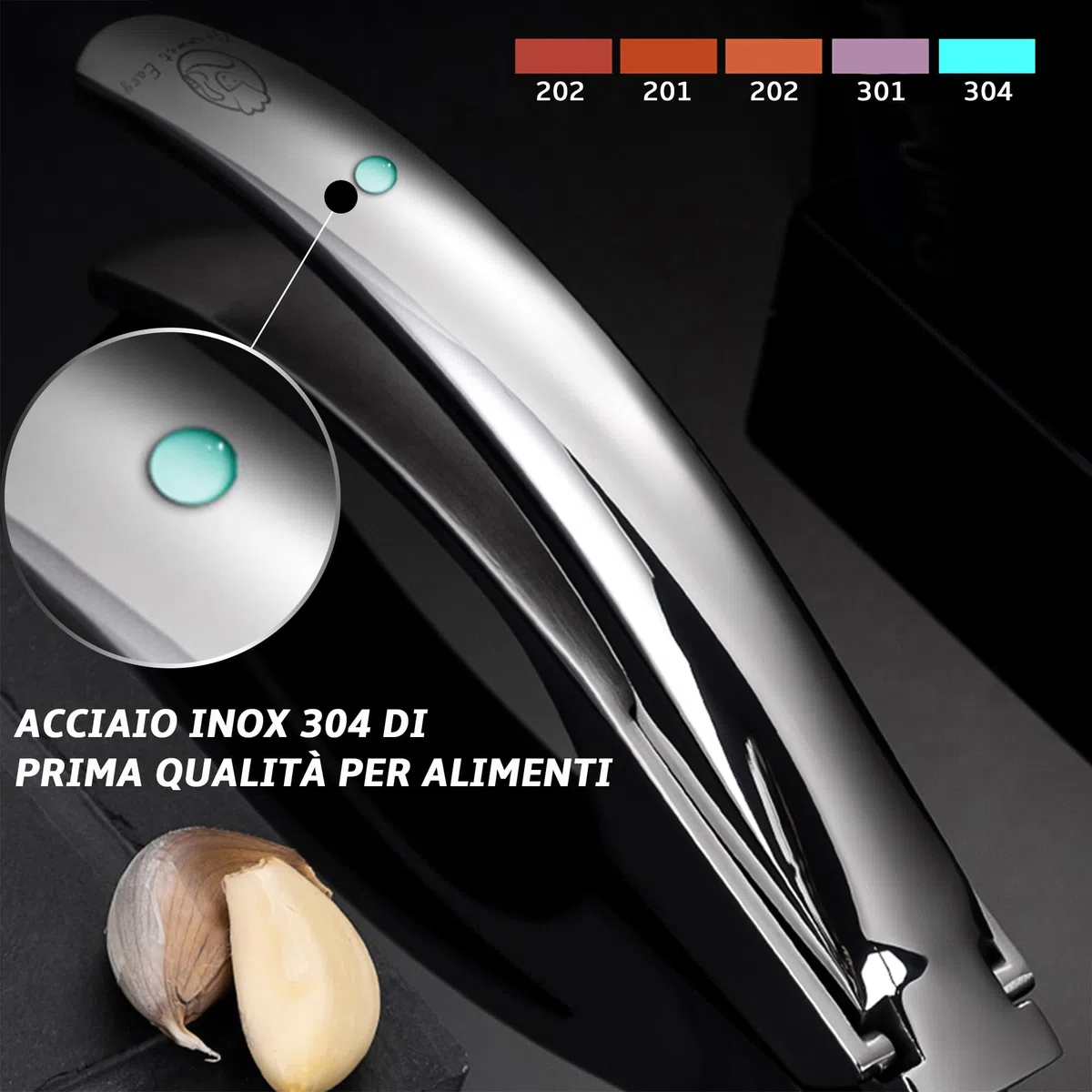 Pressa per aglio in acciaio inox - Ideale pezzi di aglio più grandi | Spremiaglio facile da pulire (non c'è bisogno di sbucciare) | Spremi aglio con 5 anni di garanzia