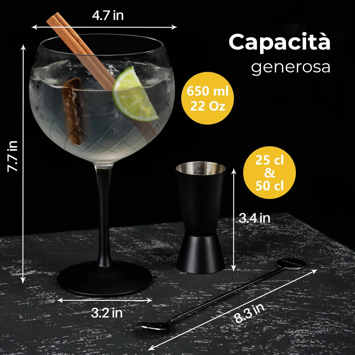 MIAMIO - 2 bicchieri da gin e tonica da 650 ml - di alta qualità ideali per cocktail - Set regalo comprensivo di misurino e cucchiaio per mescolare