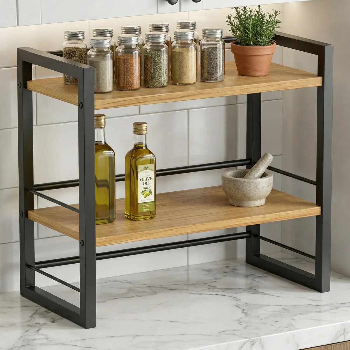 Scaffale per Scrivania a 2 Ripiani in Legno e Metallo,Mini Libreria da Scrivania a 2 Livelli,Organizzatore di Scaffale per Scrivanie per Piano di Lavoro Cucina Ufficio Soggiorno