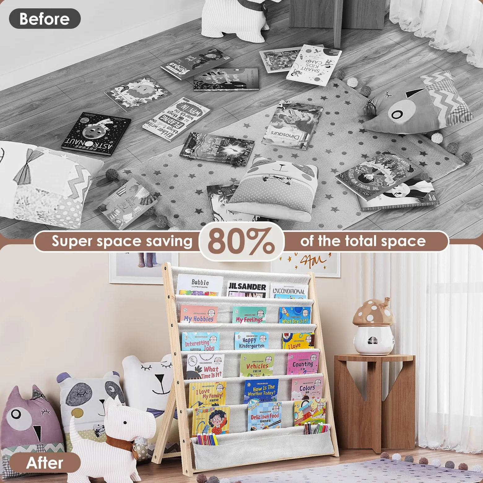 Libreria a 6 ripiani per bambini, facile accesso, in legno, con tasca, per camera da letto e sala giochi (beige)