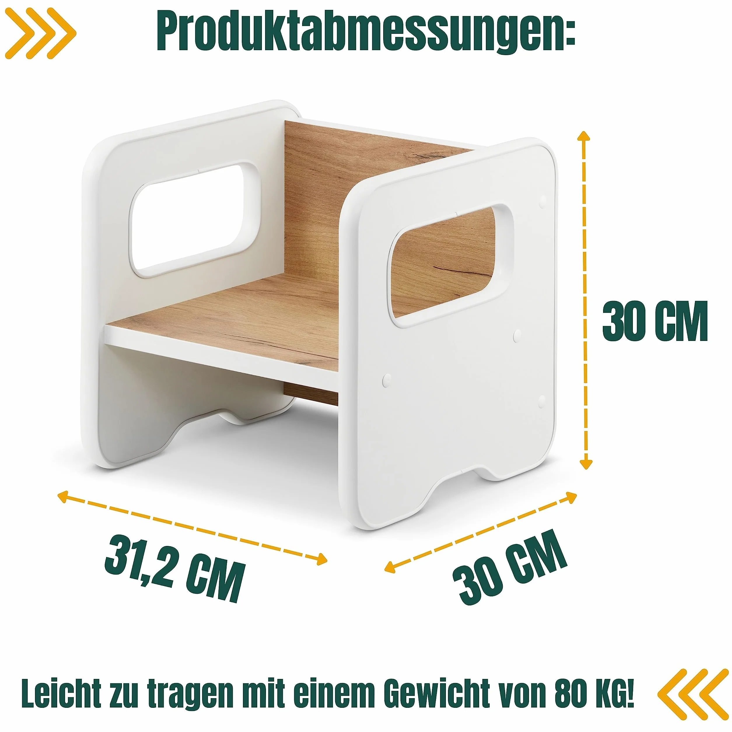defiPad Sgabello per bambini | sgabello elegante double face | Poltrona per bambini da 1 anno | Sedia per bambini in legno | Sedia trasformabile in tavolo | (Bianco + Rovere)