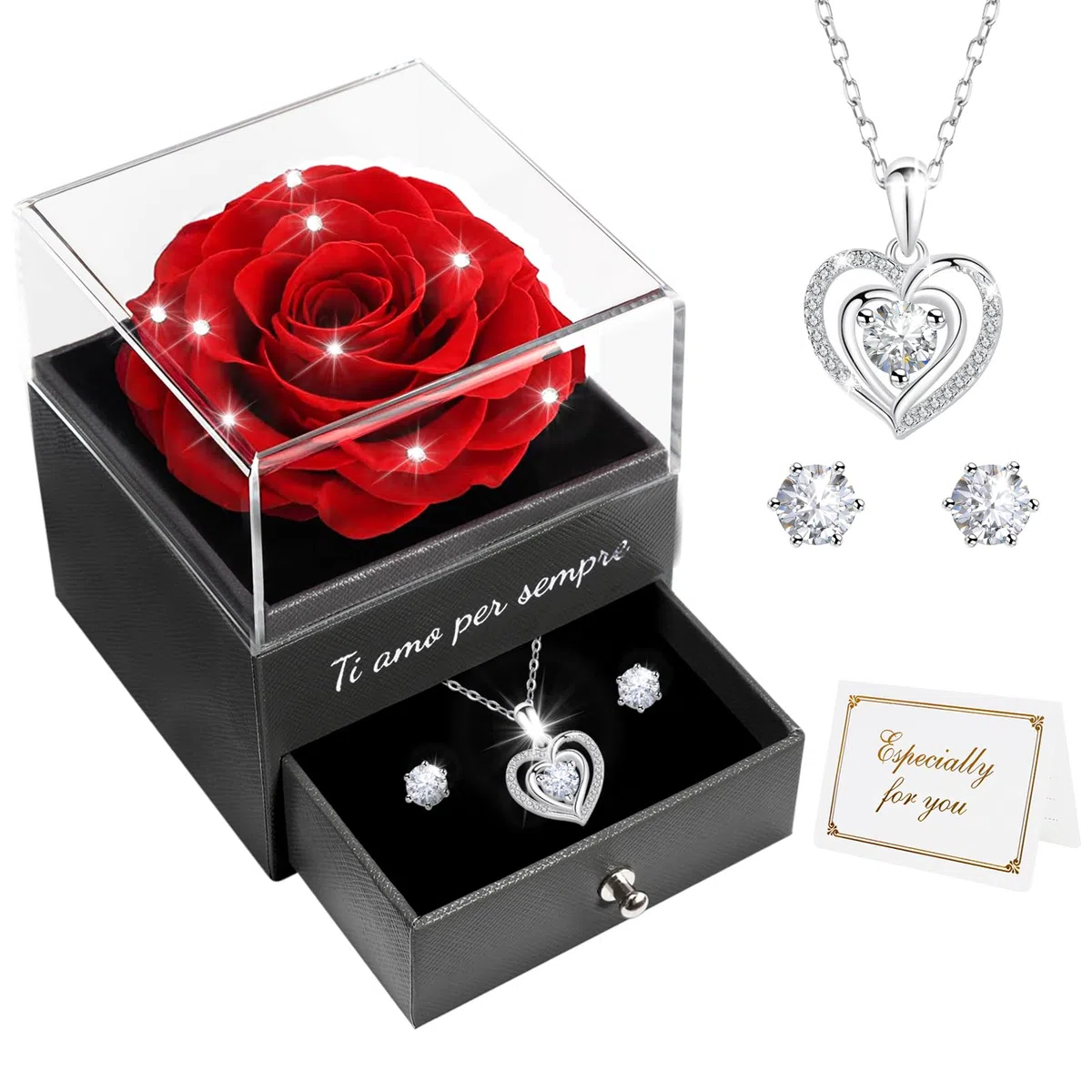 Miofula Rosa Stabilizzata Regalo Donna,Rosa Eterna con Collana Argento 925 Orecchini Donna,Ti Amo per Sempre,Regalo Donna Compleanno,Festa della Mamma Regalo Mamma Fidanzata Anniversario San Valentino