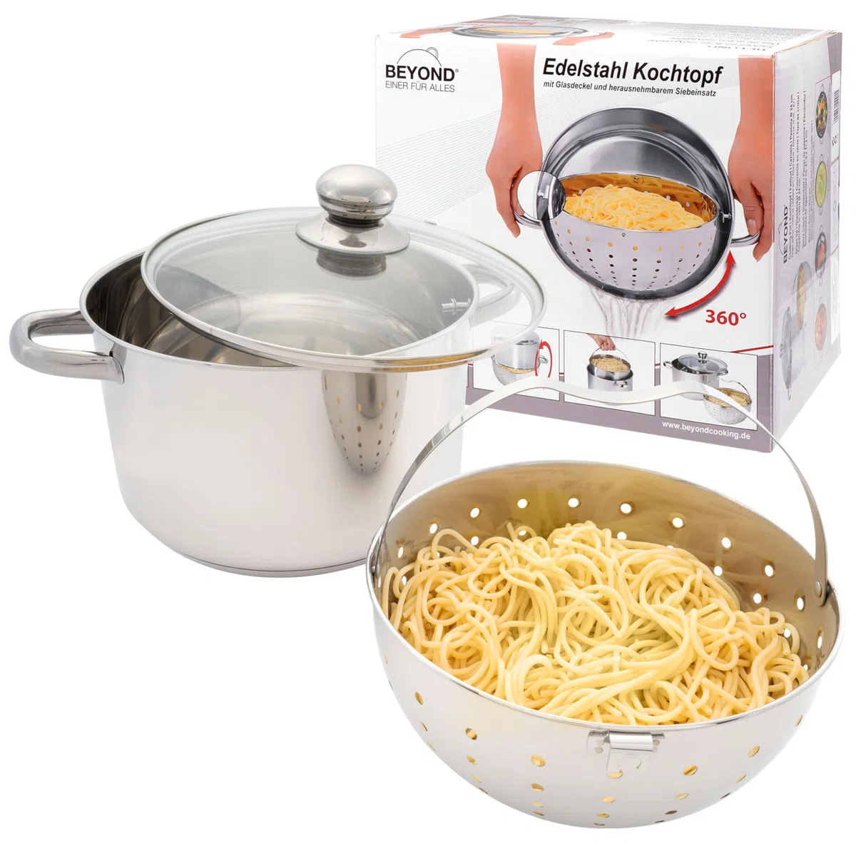 BEYOND Casseruola in Acciaio Inox con Cestello Scolapasta Estraibile e Coperchio in Vetro