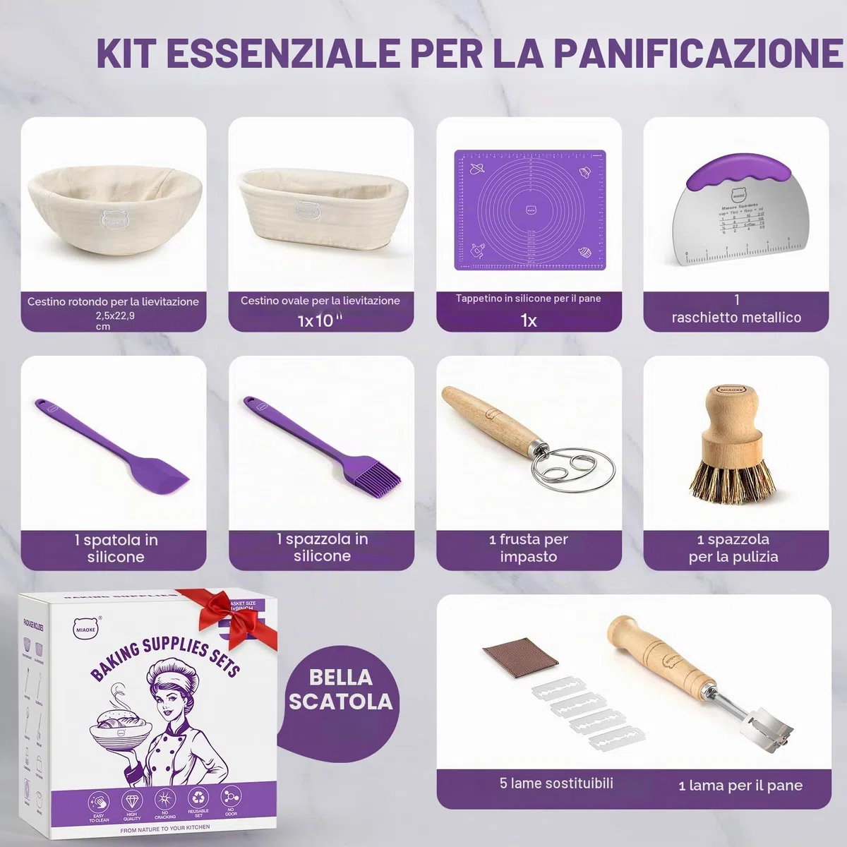 Kit di Forniture per la Cottura del Pane con Pasta Madre: Frusta per Impasto, Lama per Pane, Cestini per la Lievitazione Rotondi da 10 Pollici E 9 Ovali, Raschietti Impasto, Pennello Forno