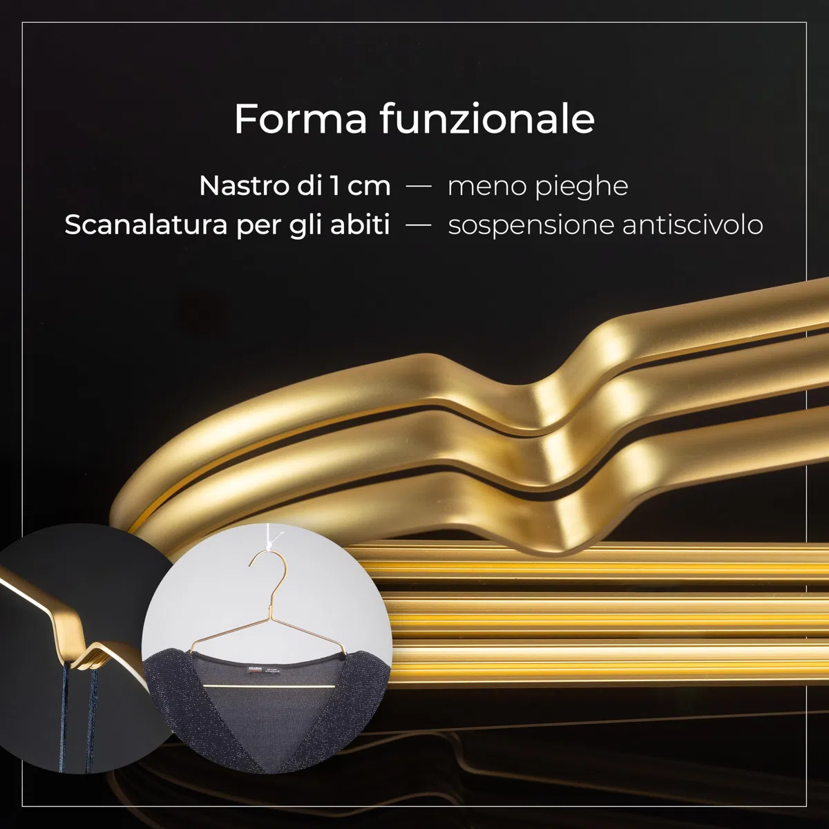 Parusia Appendiabiti Oro, 42 cm di larghezza, 1 cm di spessore, appendiabiti in metallo inossidabile, forma stabile, per riporre e organizzare gli abiti risparmiando spazio nell'armadio, porta abiti