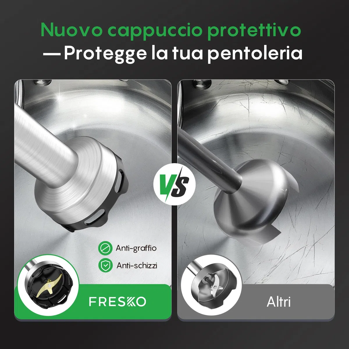FRESKO Frullatore a Immersione 1000W, Asta in Acciaio Inox con Protezione Pentole, Bicchiere Dosatore 700ml, Velocità Variabili – per Pappe, Zuppe, Frullati, Purè, Salse